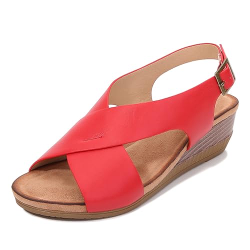 M&Catree Damen Keilsandalen Casual Bequeme Römersandalen Riemchensandalen Sandaletten Espadrilles mit Keilabsatz - Rot, CN 38 von M&Catree