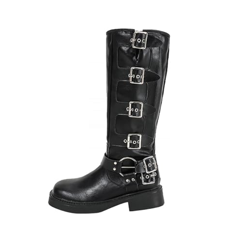 M&Catree Damen Kniehohe Westernstiefel mit Schnalle Motorradstiefel mit Blockabsatz Eckige Zehenkappe - Schwarz, CN 38 von M&Catree