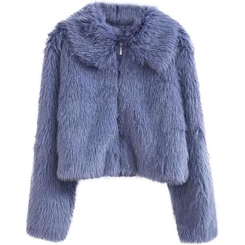 M&Catree Damen Kunstfellmantel, Langarm Cropped Winterjacke Felljacke Reverskragen Reißverschluss Warm Plüsch Cardigan - Meeresblau, XS von M&Catree