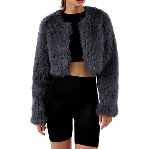 M&Catree Damen Kunstfellmantel, Warme Winterjacke Langarm Wintermantel Cropped Fellmantel Plüsch Cardigan Übergangsjacke - Dunkelgrau, L von M&Catree