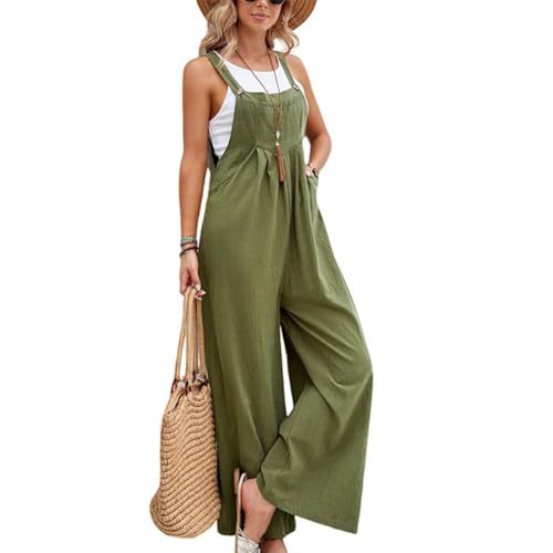 M&Catree Damen Latzhose Oversize Baggy Jumpsuit Strampler Trägerhose Loose Fit Bib Pants Overall Casual Sommerhose mit Träger - Armee Grün, M von M&Catree
