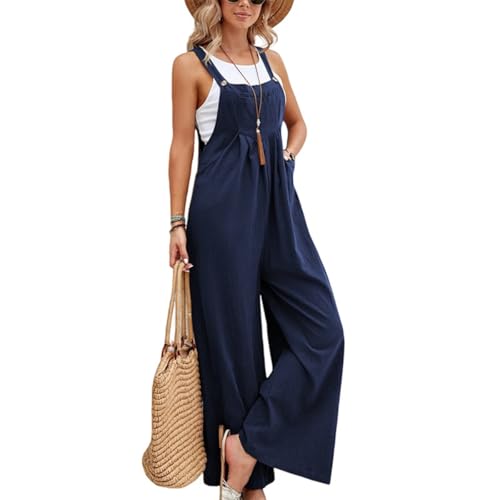 M&Catree Damen Latzhose Oversize Baggy Jumpsuit Strampler Trägerhose Loose Fit Bib Pants Overall Casual Sommerhose mit Träger - Dunkelblau, L von M&Catree