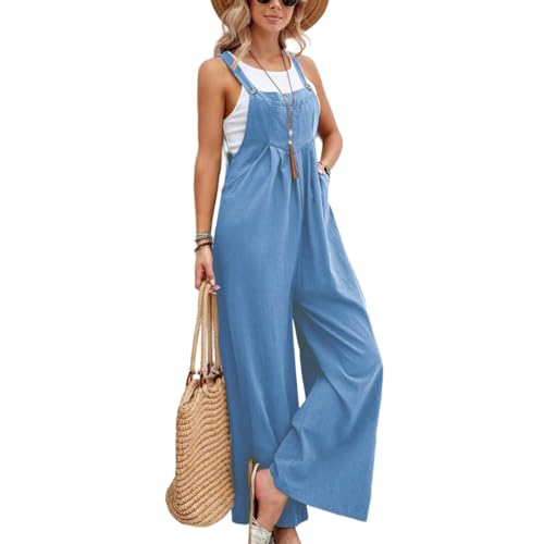 M&Catree Damen Latzhose Oversize Baggy Jumpsuit Strampler Trägerhose Loose Fit Bib Pants Overall Casual Sommerhose mit Träger - Hellblau, S von M&Catree