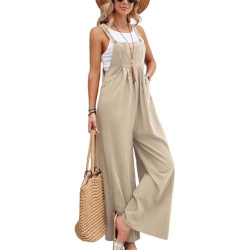 M&Catree Damen Latzhose Oversize Baggy Jumpsuit Strampler Trägerhose Loose Fit Bib Pants Overall Casual Sommerhose mit Träger - Khaki, XL von M&Catree