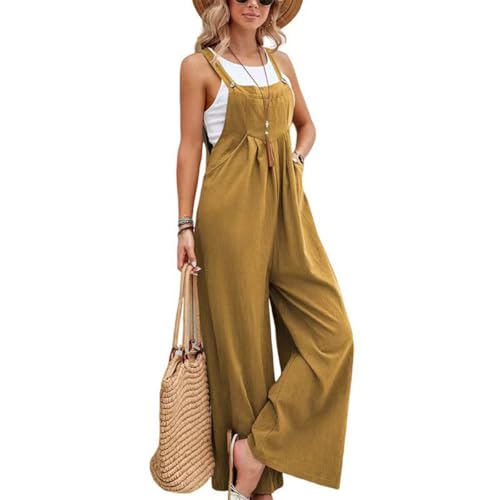 M&Catree Damen Latzhose Oversize Baggy Jumpsuit Strampler Trägerhose Loose Fit Bib Pants Overall Casual Sommerhose mit Träger - Saphirgelb, M von M&Catree