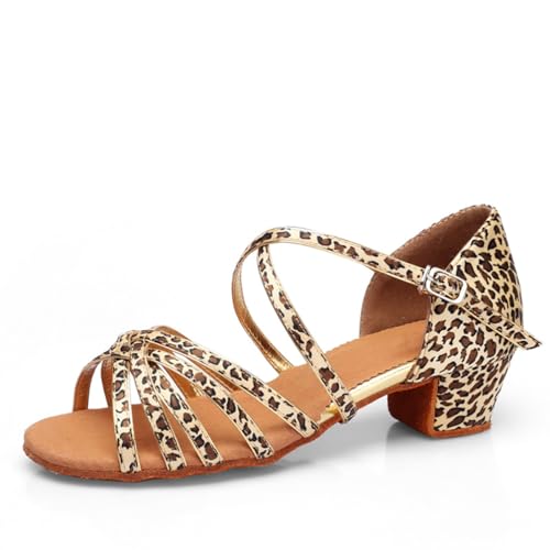 M&Catree Damen Mädchen Tanzschuhe Niedrigem Absatz Standardtanz Gesellschaftstanz Lateinischer Tanz Latein Sandalen - Leopard, CN 25 (Länge: 16.5cm) von M&Catree