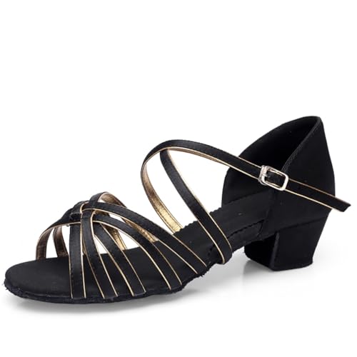 M&Catree Damen Mädchen Tanzschuhe Niedrigem Absatz Standardtanz Gesellschaftstanz Lateinischer Tanz Latein Sandalen - Schwarz Gold, CN 40 (Länge: 24cm) von M&Catree