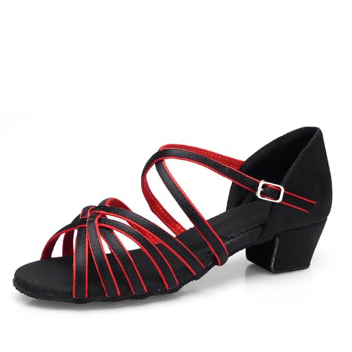 M&Catree Damen Mädchen Tanzschuhe Niedrigem Absatz Standardtanz Gesellschaftstanz Lateinischer Tanz Latein Sandalen - Schwarz Rot, CN 35 (Länge: 21.5cm) von M&Catree