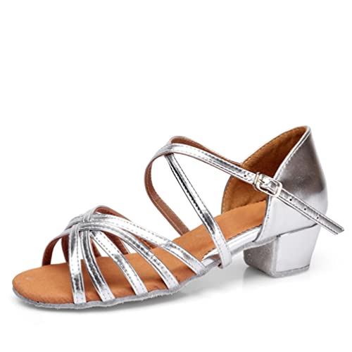M&Catree Damen Mädchen Tanzschuhe Niedrigem Absatz Standardtanz Gesellschaftstanz Lateinischer Tanz Latein Sandalen - Silber, CN 36 (Länge: 22cm) von M&Catree