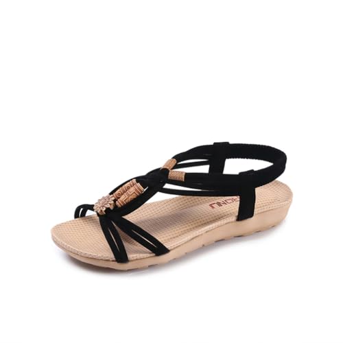 M&Catree Damen Sandalen Sommer Flach Sandals, Frauen Bohemia Perlen Sandals PU Leder Elastischen Strand Sommerschuhe Zehentrenner - Schwarz, CN 39 von M&Catree