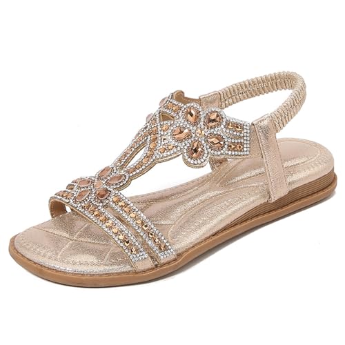 M&Catree Damen Sandalen Sommer Flip Flops PU Leder Strass Bohemian Stil Flach Freizeit Zehentrenner Strand Sommerschuhe - Gold, CN 42 von M&Catree