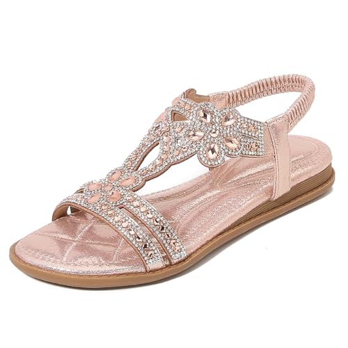 M&Catree Damen Sandalen Sommer Flip Flops PU Leder Strass Bohemian Stil Flach Freizeit Zehentrenner Strand Sommerschuhe - Pink, CN 37 von M&Catree