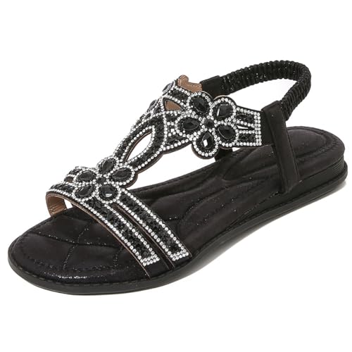 M&Catree Damen Sandalen Sommer Flip Flops PU Leder Strass Bohemian Stil Flach Freizeit Zehentrenner Strand Sommerschuhe - Schwarz, CN 38 von M&Catree