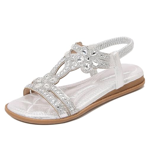 M&Catree Damen Sandalen Sommer Flip Flops PU Leder Strass Bohemian Stil Flach Freizeit Zehentrenner Strand Sommerschuhe - Silber, CN 37 von M&Catree