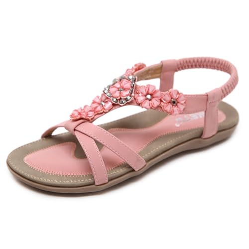 M&Catree Damen Sommer Sandalen mit Strass Perlen Bohemia Strand Schuhe Freizeit Flach Sandalette - Pink, CN 37 von M&Catree