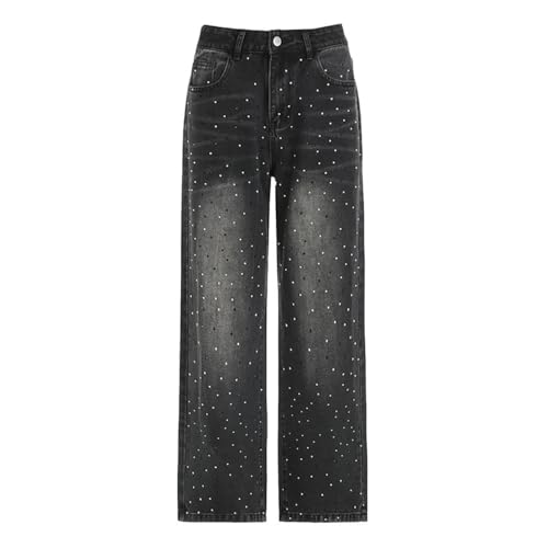 M&Catree Damen Y2k Jeans mit Strasssteinen Hohe Taille Straight Denim Pants Vintage Washed Jeans Streetwear Jeanshose - Dunkelgrau, L von M&Catree