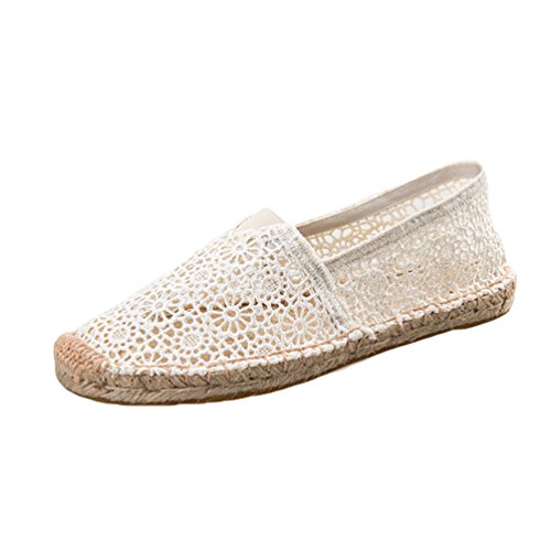 M&Catree Espadrilles Damen Klassisch Flache Slipper Bequem Hohl Spitze Sommerschuhe Canvas Slip-On Loafers - Weiß, CN 37 (EU 36) von M&Catree