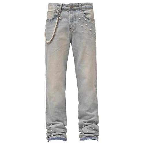 M&Catree Flared Jeans Herren Y2K Streetwear Baggy Jeans mit Perlen-Design und Taschen Bootcut Denim Freizeithose im Hip Hop Cowboy Style - Blau, L von M&Catree