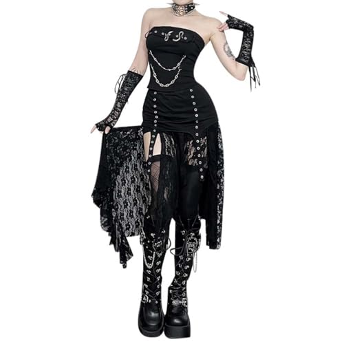 M&Catree Gothic Spitzenrock Asymmetrischer Saum Punk Vintage Stil Steampunk Viktorianischer Midi-Rock Schwarzer Fließender Rock - Schwarz, S von M&Catree