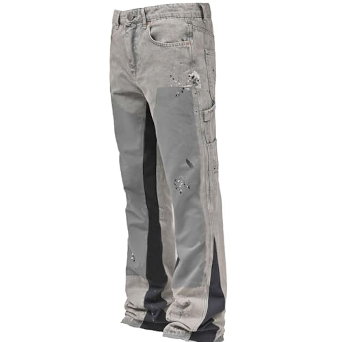 M&Catree Herren Flared Jeans Y2K Streetwear Denim Hose Tintenspritze Patchwork Bootcut Baggy Freizeithose Hip Hop Skateboard Hosen - Grau, S von M&Catree