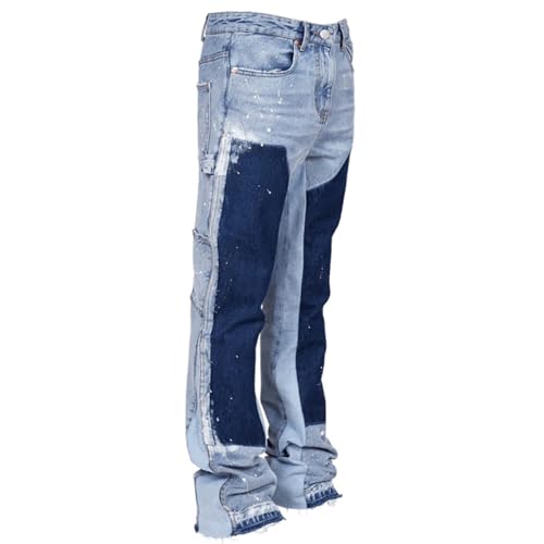 M&Catree Herren Flared Jeans Y2K Streetwear Denim Hose Tintenspritze Patchwork Bootcut Baggy Freizeithose Hip Hop Skateboard Hosen - Hellblau, XL von M&Catree