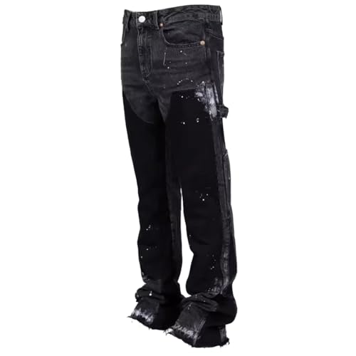 M&Catree Herren Flared Jeans Y2K Streetwear Denim Hose Tintenspritze Patchwork Bootcut Baggy Freizeithose Hip Hop Skateboard Hosen - Schwarz Grau, L von M&Catree