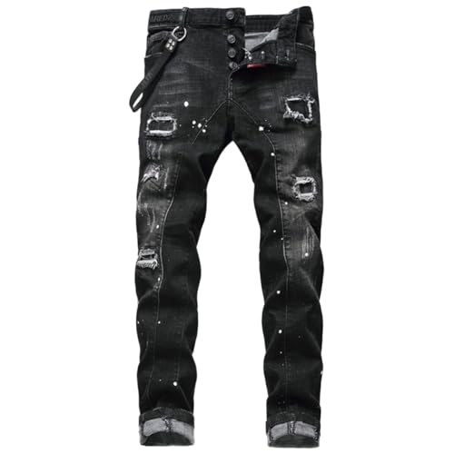 M&Catree Herren Jeans, Y2K Slim Fit Stretch Hosen Zerrissene Destroyed Jeanshose Hip Hop Cowboy Style Straight Fit Streetwear - Schwarz, 33 von M&Catree