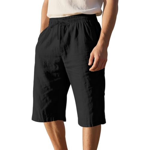 M&Catree Herren Leinen Shorts Bermuda 3/4 Länge Leinenhose Capri Kurze Sommerhose Strand Yoga Jogger Casual Sweatpants - Schwarz, L von M&Catree