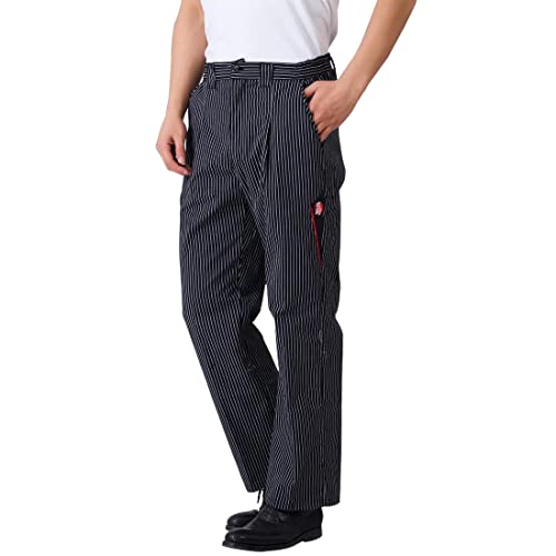 M&Catree Kochhose Herren Bäckerhose Arbeitshose Gummizug elastische Taille Hose mit Tasche - MC Schwarz-Weiß-Streifen | Halbelastisch, 3XL von M&Catree