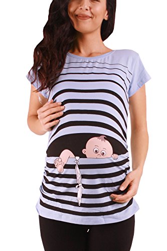 Baby Flucht - Lustige witzige süße Umstandsmode mit Motiv für die Schwangerschaft Umstandsshirt T-Shirt Schwangerschaftsshirt, Kurzarm (Babyblau, Large) von M.M.C.