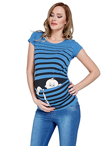 Baby Flucht - Lustige witzige süße Umstandsmode mit Motiv für die Schwangerschaft Umstandsshirt T-Shirt Schwangerschaftsshirt, Kurzarm (Dunkelblau, Large) von M.M.C.