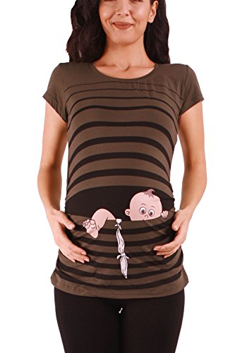 Baby Flucht - Lustige witzige süße Umstandsmode mit Motiv für die Schwangerschaft Umstandsshirt T-Shirt Schwangerschaftsshirt, Kurzarm (Khaki, Large) von M.M.C.