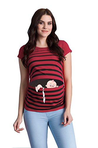 Baby Flucht - Lustige witzige süße Umstandsmode mit Motiv für die Schwangerschaft Umstandsshirt T-Shirt Schwangerschaftsshirt, Kurzarm (Weinrot, Large) von M.M.C.