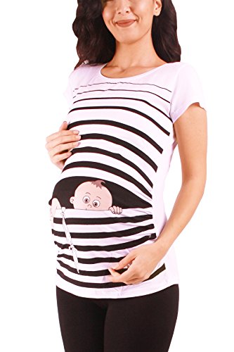 Baby Flucht - Lustige witzige süße Umstandsmode mit Motiv für die Schwangerschaft Umstandsshirt T-Shirt Schwangerschaftsshirt, Kurzarm (Weiß, Medium) von M.M.C.