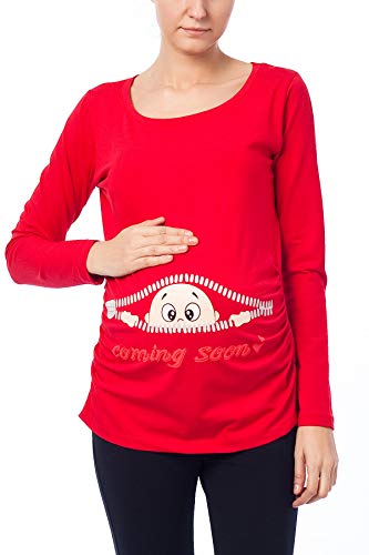 Coming Soon - Lustige witzige süße Umstandsmode Umstandsshirt Sweatshirt Schwangerschaftsshirt mit Motiv für die Schwangerschaft, Langarm (Rot, Medium) von M.M.C.