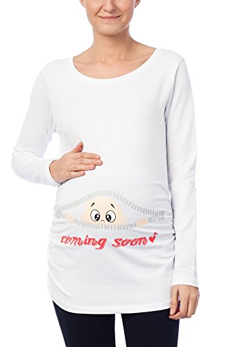 Coming Soon - Lustige witzige süße Umstandsmode Umstandsshirt Sweatshirt Schwangerschaftsshirt mit Motiv für die Schwangerschaft, Langarm (Weiß, Medium) von M.M.C.