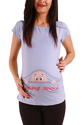 Coming Soon - Lustige witzige süße Umstandsmode mit Motiv Umstandsshirt für die Schwangerschaft T-Shirt Schwangerschaftsshirt, Kurzarm (Babyblau, Large) von M.M.C.