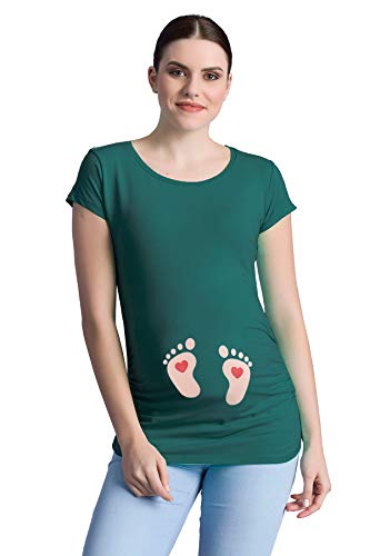 Fußabdrücke Baby mit Herz - Lustige witzige süße Umstandsmode mit Motiv Umstandsshirt für die Schwangerschaft T-Shirt Schwangerschaftsshirt, Kurzarm (Dunkelgrün, Large) von M.M.C.