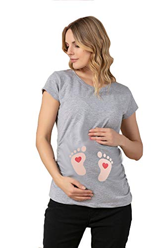Fußabdrücke Baby mit Herz - Lustige witzige süße Umstandsmode mit Motiv Umstandsshirt für die Schwangerschaft T-Shirt Schwangerschaftsshirt, Kurzarm (Grau, Large) von M.M.C.