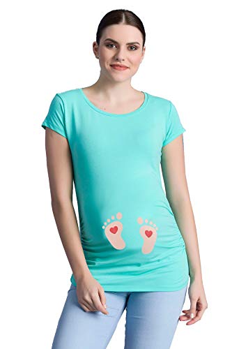 Fußabdrücke Baby mit Herz - Lustige witzige süße Umstandsmode mit Motiv Umstandsshirt für die Schwangerschaft T-Shirt Schwangerschaftsshirt, Kurzarm (Mint, Large) von M.M.C.