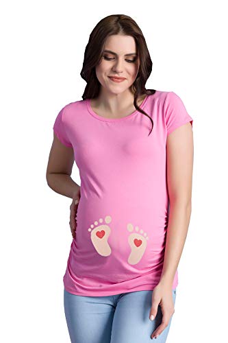 Fußabdrücke Baby mit Herz - Lustige witzige süße Umstandsmode mit Motiv Umstandsshirt für die Schwangerschaft T-Shirt Schwangerschaftsshirt, Kurzarm (Rosa, Medium) von M.M.C.