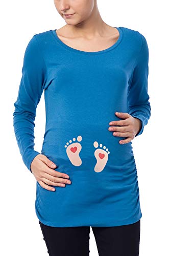 Fußabdrücke Baby mit Herz - Süße Umstandsmode Motiv Umstandsshirt Sweatshirt Schwangerschaftsshirt für die Schwangerschaft, Langarm (Dunkelblau, Medium) von M.M.C.