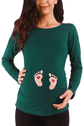 Fußabdrücke Baby mit Herz - Süße Umstandsmode Motiv Umstandsshirt Sweatshirt Schwangerschaftsshirt für die Schwangerschaft, Langarm (Dunkelgrün, Medium) von M.M.C.