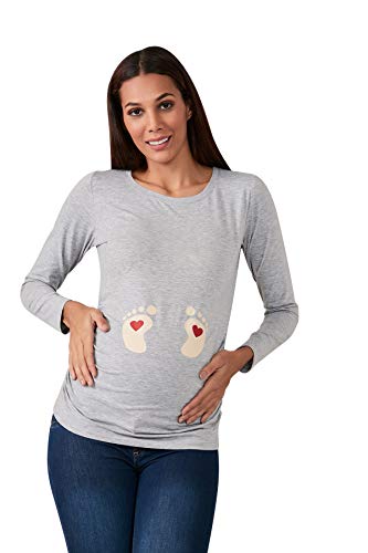 Fußabdrücke Baby mit Herz - Süße Umstandsmode Motiv Umstandsshirt Sweatshirt Schwangerschaftsshirt für die Schwangerschaft, Langarm (Grau, Medium) von M.M.C.