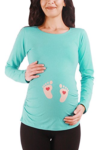 Fußabdrücke Baby mit Herz - Süße Umstandsmode Motiv Umstandsshirt Sweatshirt Schwangerschaftsshirt für die Schwangerschaft, Langarm (Mint, X-Large) von M.M.C.