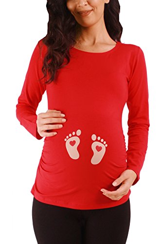 Fußabdrücke Baby mit Herz - Süße Umstandsmode Motiv Umstandsshirt Sweatshirt Schwangerschaftsshirt für die Schwangerschaft, Langarm (Rot, Medium) von M.M.C.