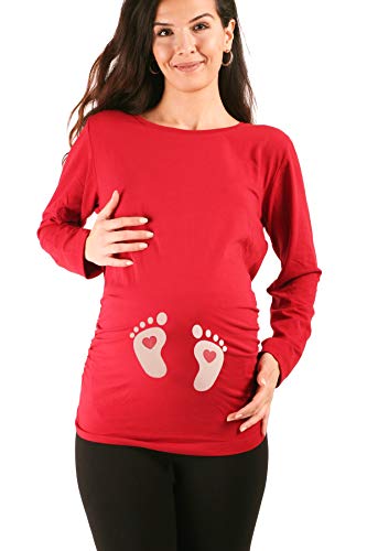 Fußabdrücke Baby mit Herz - Süße Umstandsmode Motiv Umstandsshirt Sweatshirt Schwangerschaftsshirt für die Schwangerschaft, Langarm (Weinrot, Medium) von M.M.C.