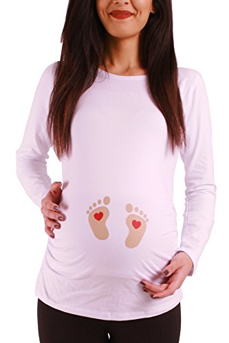 Fußabdrücke Baby mit Herz - Süße Umstandsmode Motiv Umstandsshirt Sweatshirt Schwangerschaftsshirt für die Schwangerschaft, Langarm (Weiß, Medium) von M.M.C.