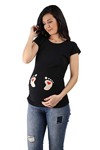 Fußabdrücke Baby mit Herz - Lustige witzige süße Umstandsmode mit Motiv Umstandsshirt für die Schwangerschaft T-Shirt Schwangerschaftsshirt, Kurzarm (Schwarz, Medium) von M.M.C.