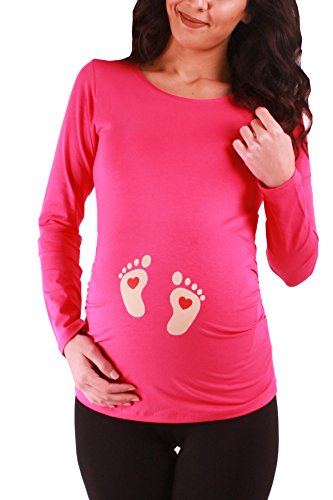 Fußabdrücke Baby mit Herz - Süße Umstandsmode Motiv Umstandsshirt Sweatshirt Schwangerschaftsshirt für die Schwangerschaft, Langarm (Koralle, Medium) von M.M.C.